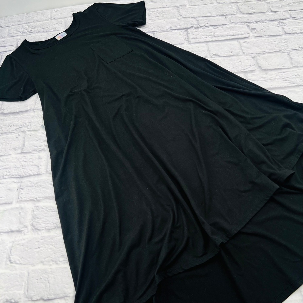 LuLaRoe Carly Dress Womens XS Black High Low Short Sleeve Pocket Jersey Knit